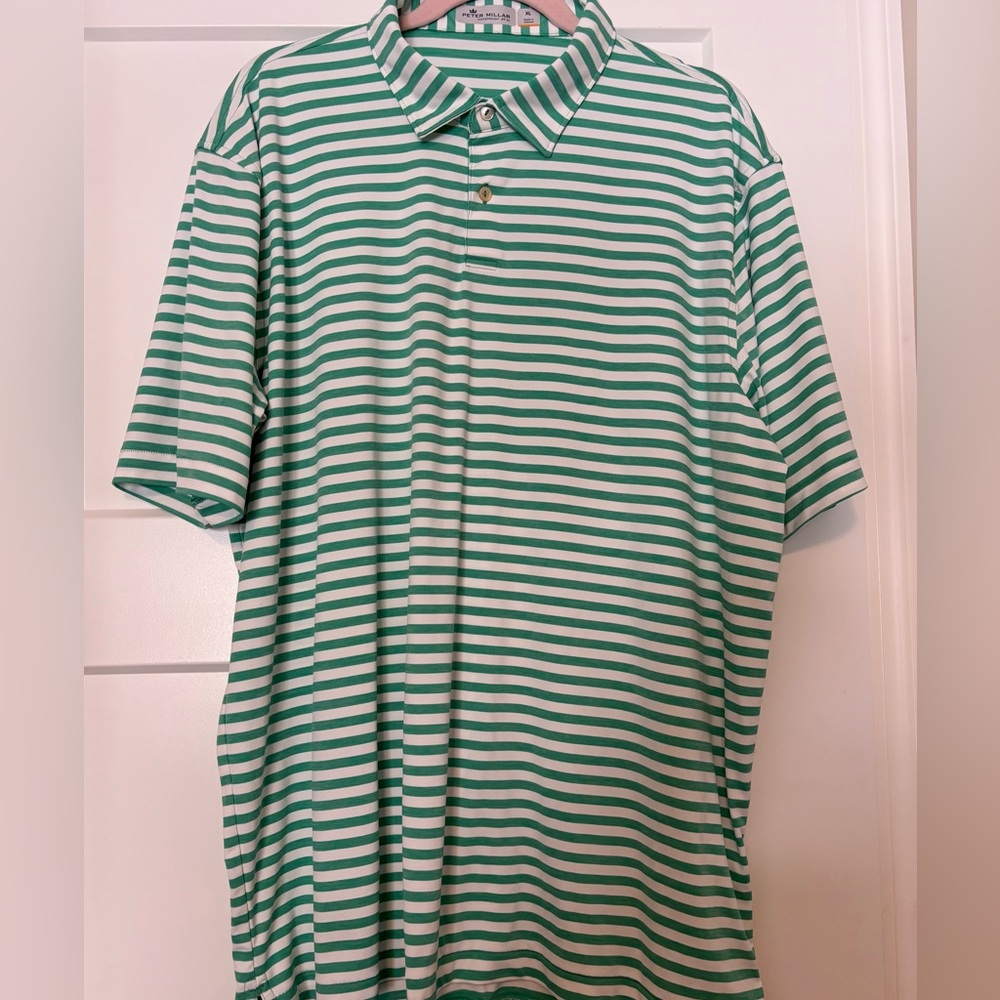 Peter Millar Featherweight UPF 50+ Polo Golf Shirt Sz. XL Green/Whitete Stripe‎